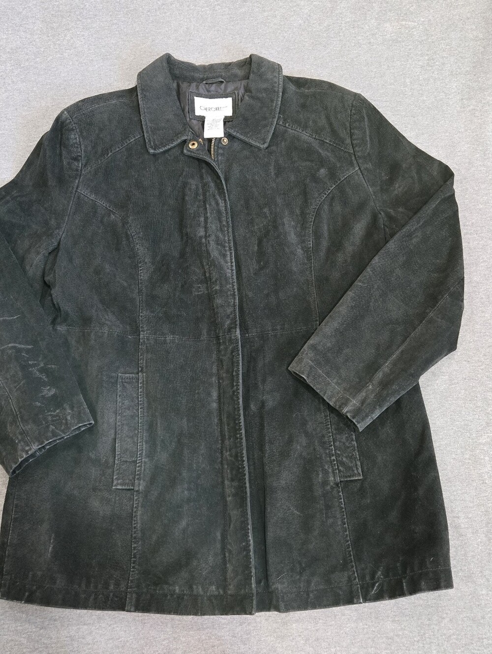 Vintage Y2K Cherokee Women’s XL Black Suede Leather Jacket Coat Full Zip